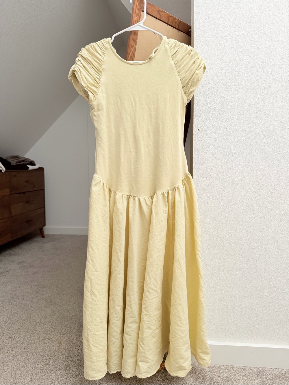 Free People Light Yellow Midi Dress with Ruched Cap Sleeves